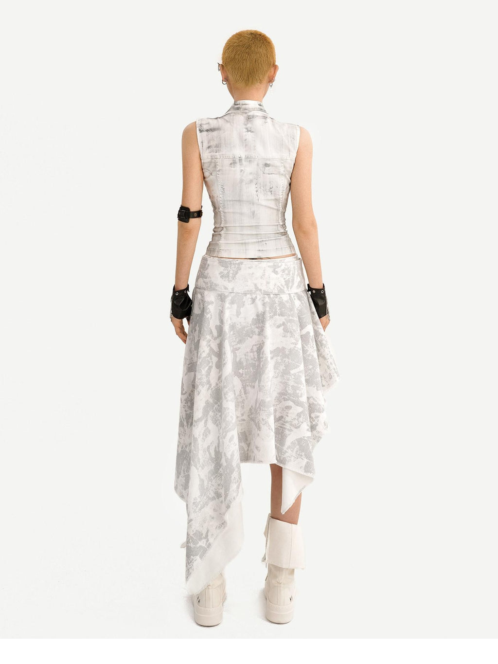 Nico Molly High Waist Printed Leather Sleeveless Zip Vest Women Fashion Top & Skirt Sets