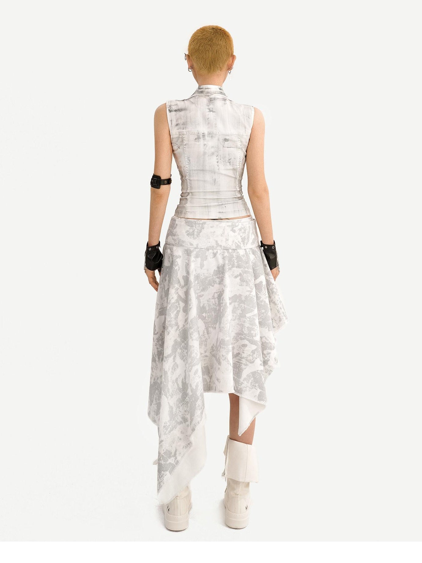 Nico Molly High Waist Printed Leather Sleeveless Zip Vest Women Fashion Top & Skirt Sets