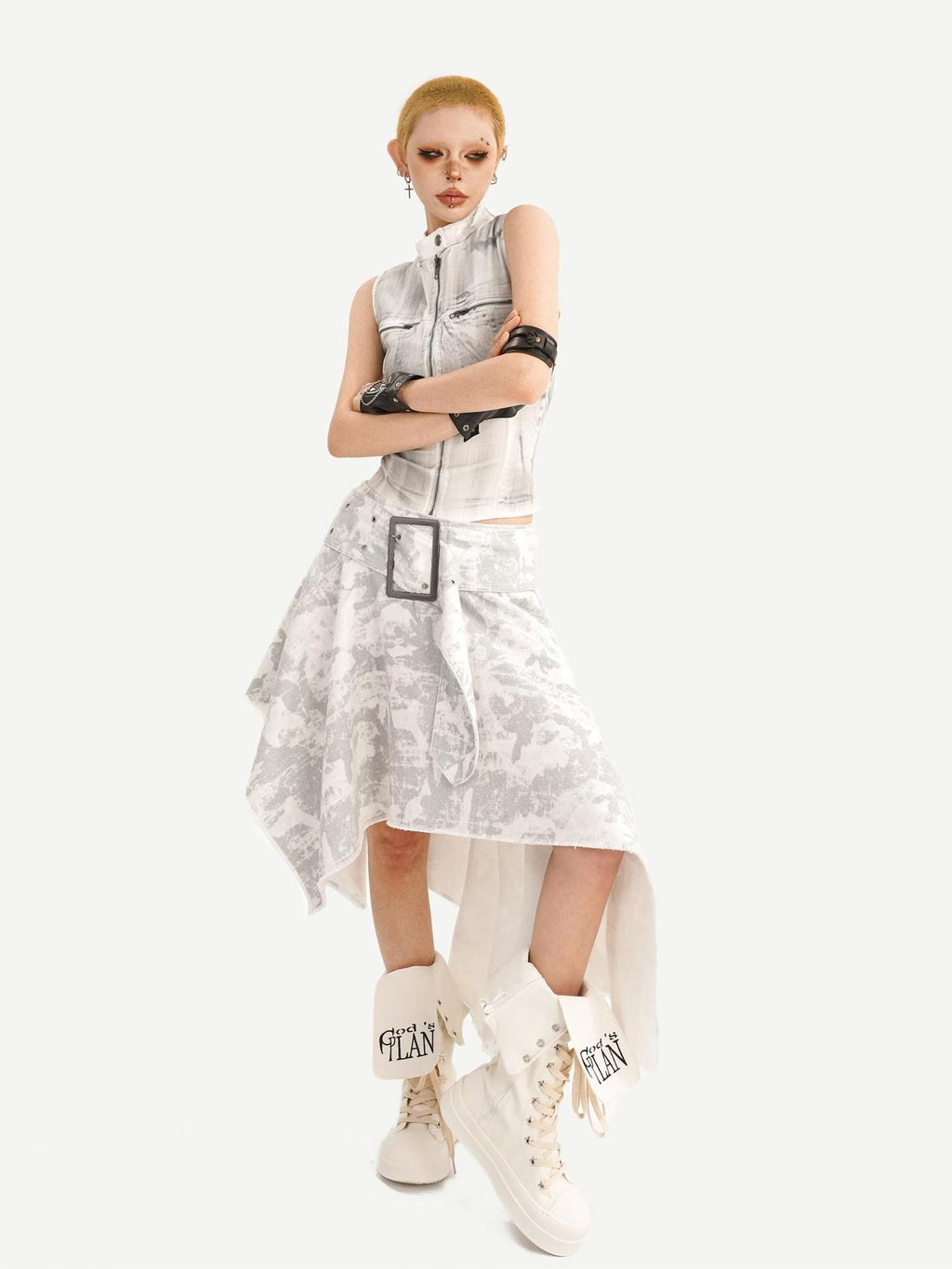 Nico Molly High Waist Printed Leather Sleeveless Zip Vest Women Fashion Top & Skirt Sets
