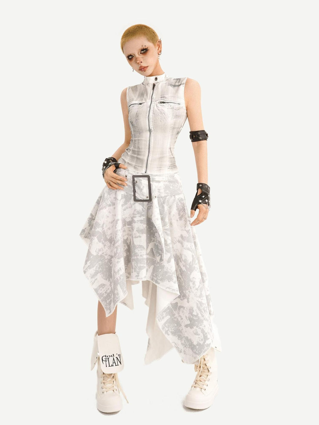 Nico Molly High Waist Printed Leather Sleeveless Zip Vest Women Fashion Top & Skirt Sets