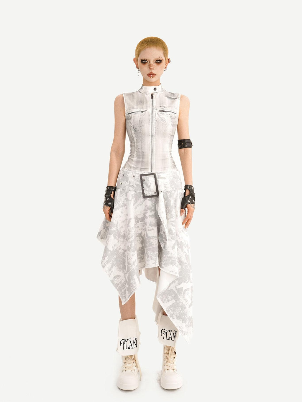 Nico Molly High Waist Printed Leather Sleeveless Zip Vest Women Fashion Top & Skirt Sets