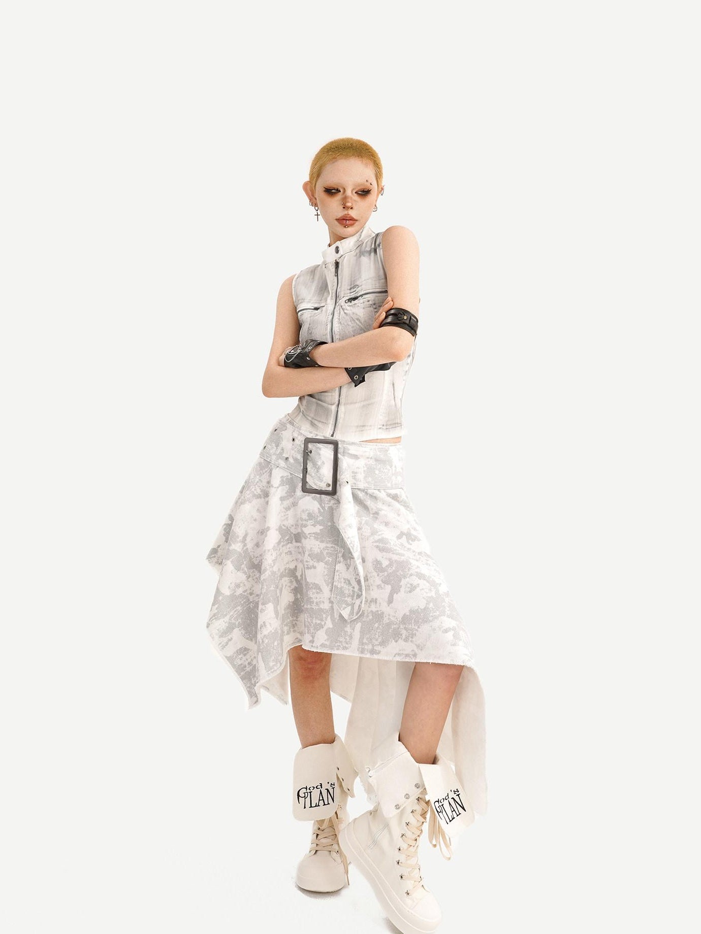 Nico Molly High Waist Printed Leather Sleeveless Zip Vest Women Fashion Top & Skirt Sets