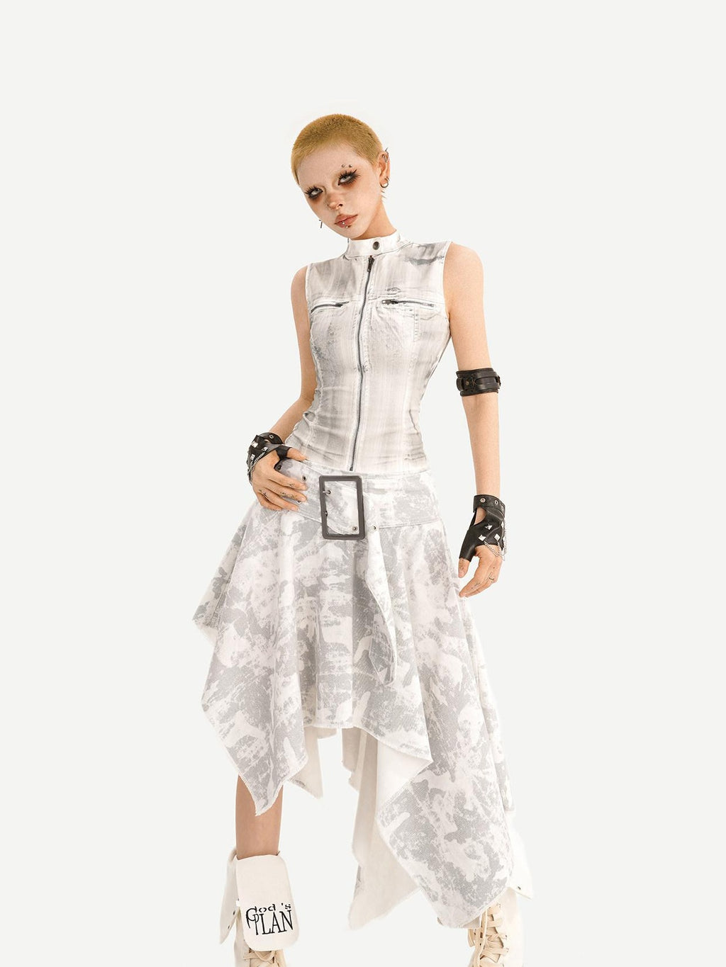 Nico Molly High Waist Printed Leather Sleeveless Zip Vest Women Fashion Top & Skirt Sets