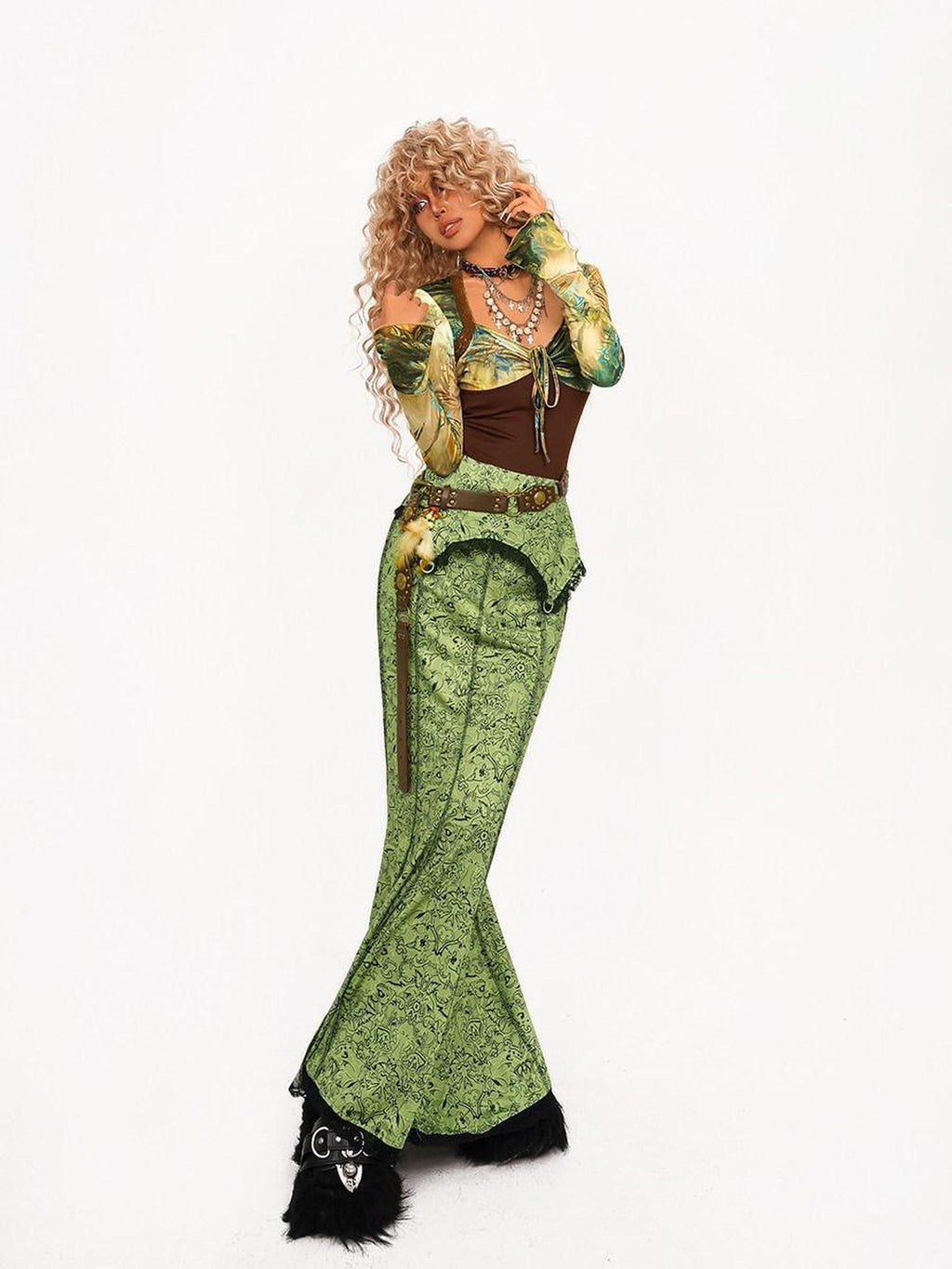Nico Molly High Waist Retro Lace Patchwork Slim Fit Young Women Casual Green Maxi Skirts