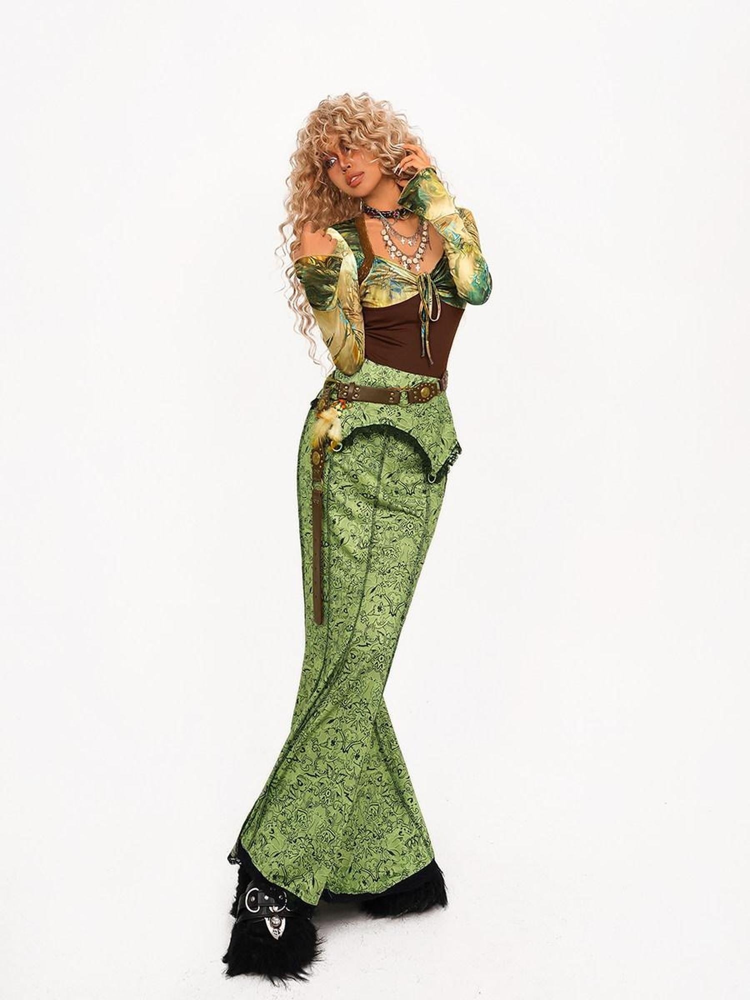 Nico Molly High Waist Retro Lace Patchwork Slim Fit Young Women Casual Green Maxi Skirts