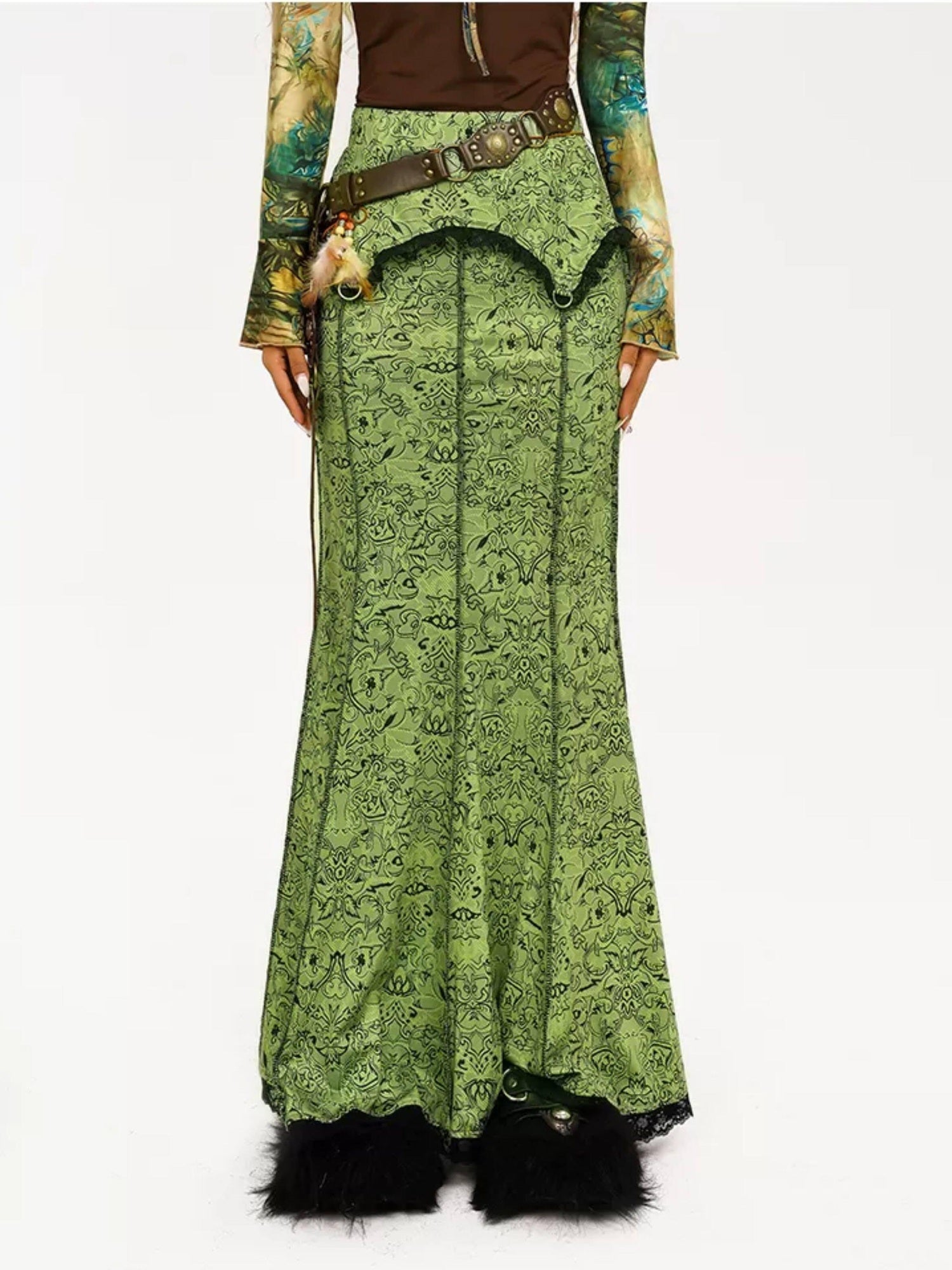 Nico Molly High Waist Retro Lace Patchwork Slim Fit Young Women Casual Green Maxi Skirts