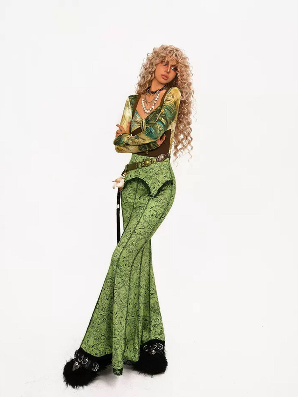 Nico Molly High Waist Retro Lace Patchwork Slim Fit Young Women Casual Green Maxi Skirts