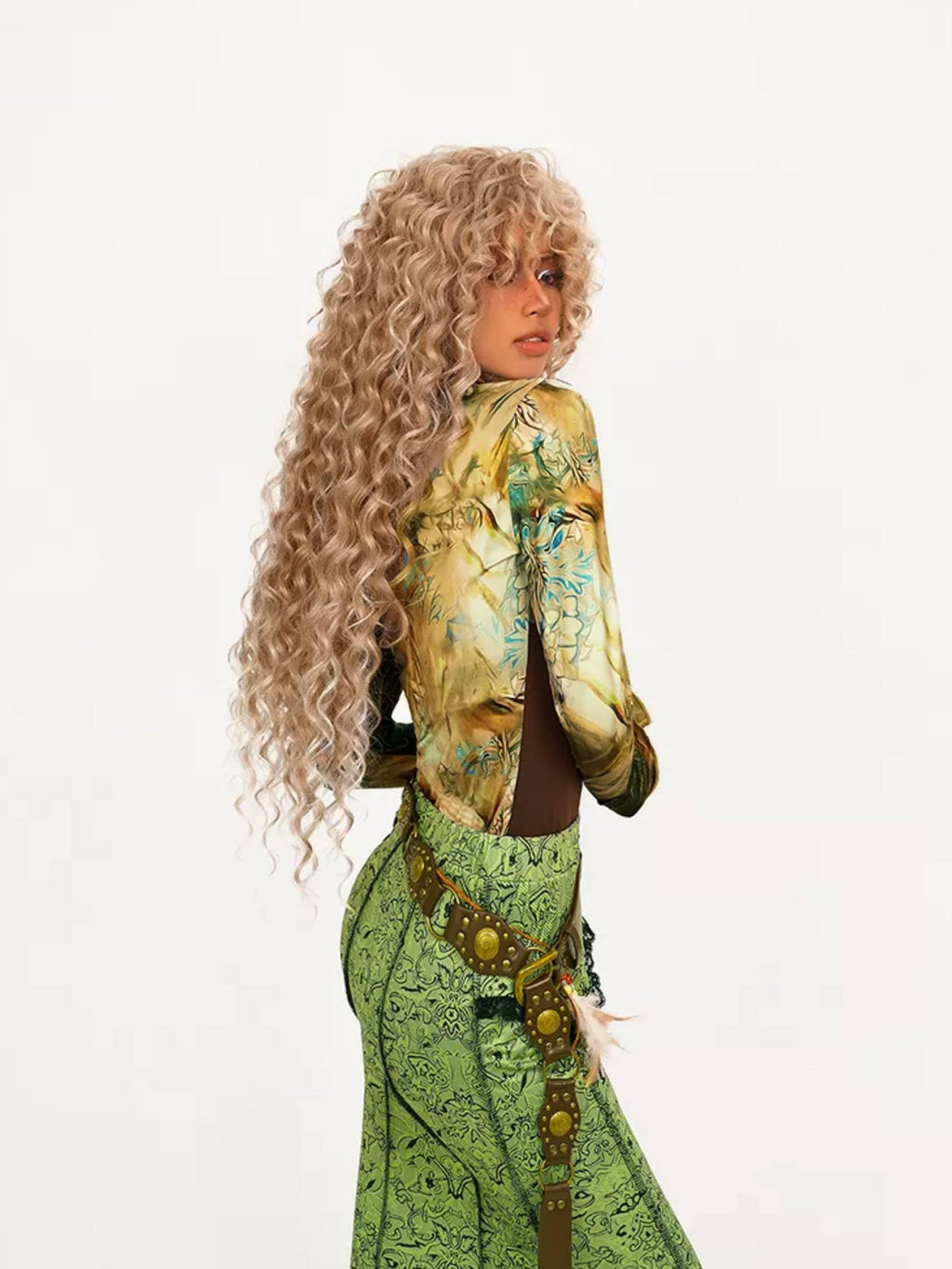 Nico Molly High Waist Retro Lace Patchwork Slim Fit Young Women Casual Green Maxi Skirts