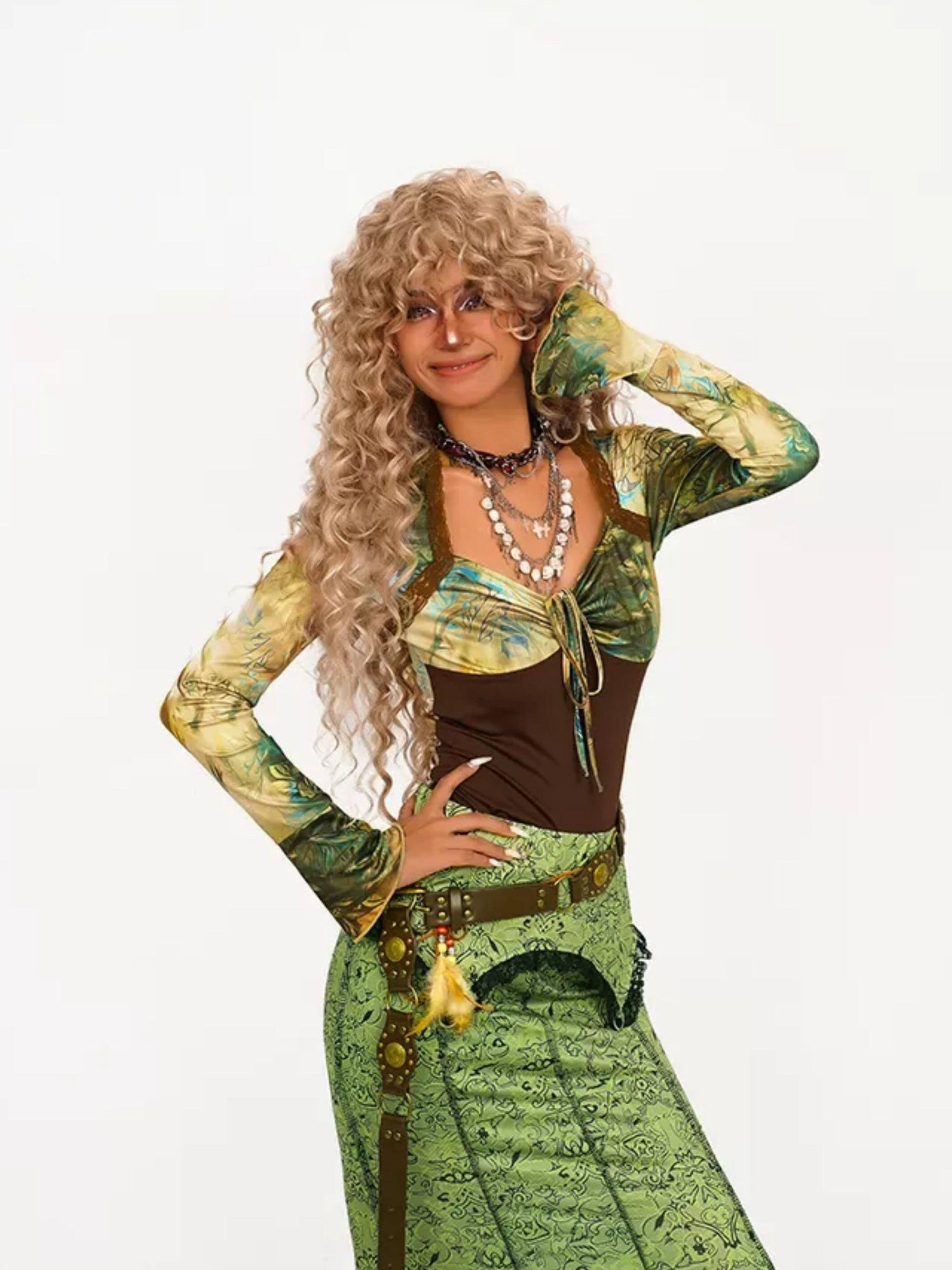 Nico Molly High Waist Retro Lace Patchwork Slim Fit Young Women Casual Green Maxi Skirts