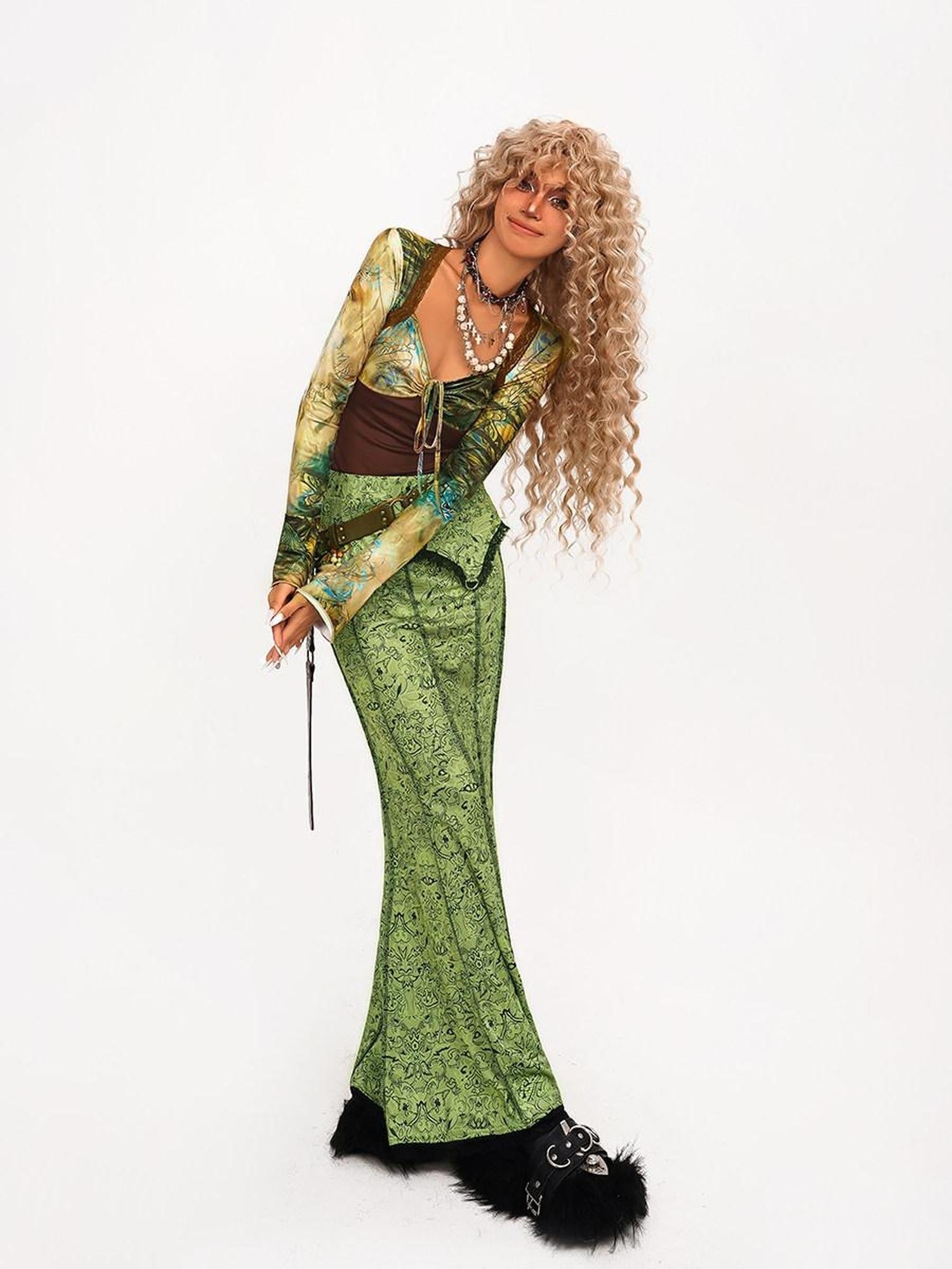 Nico Molly High Waist Retro Lace Patchwork Slim Fit Young Women Casual Green Maxi Skirts