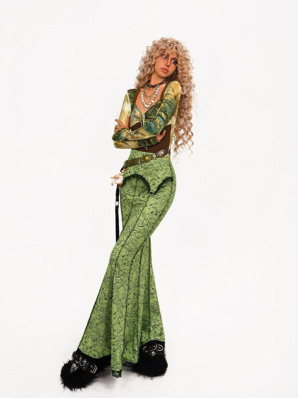 Nico Molly High Waist Retro Lace Patchwork Slim Fit Young Women Casual Green Maxi Skirts