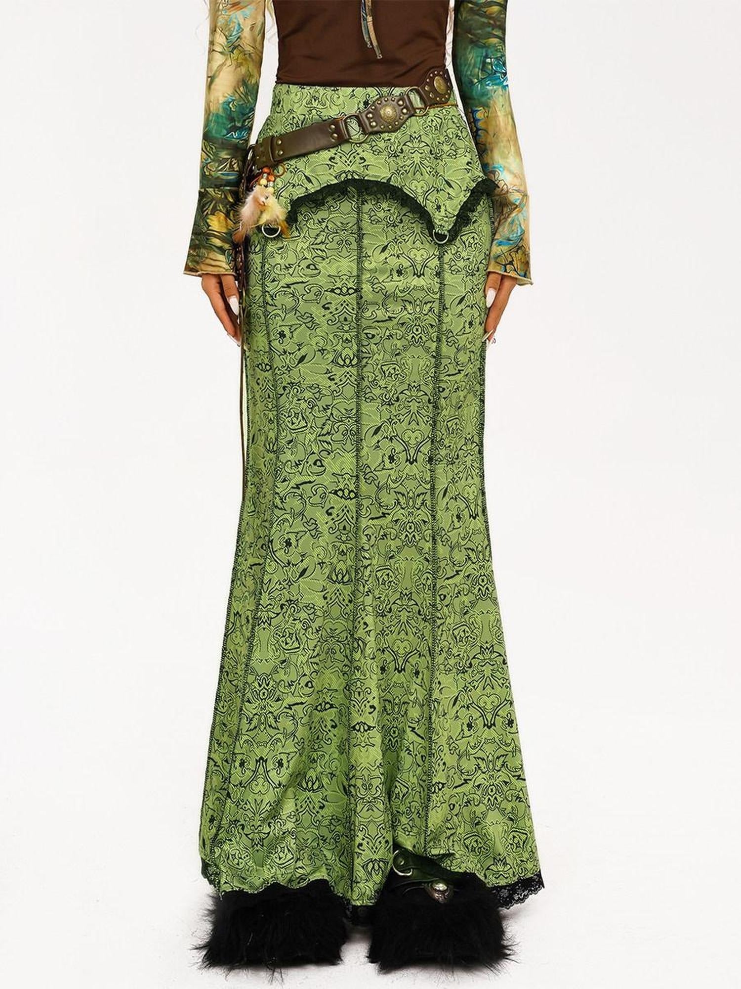 Nico Molly High Waist Retro Lace Patchwork Slim Fit Young Women Casual Green Maxi Skirts