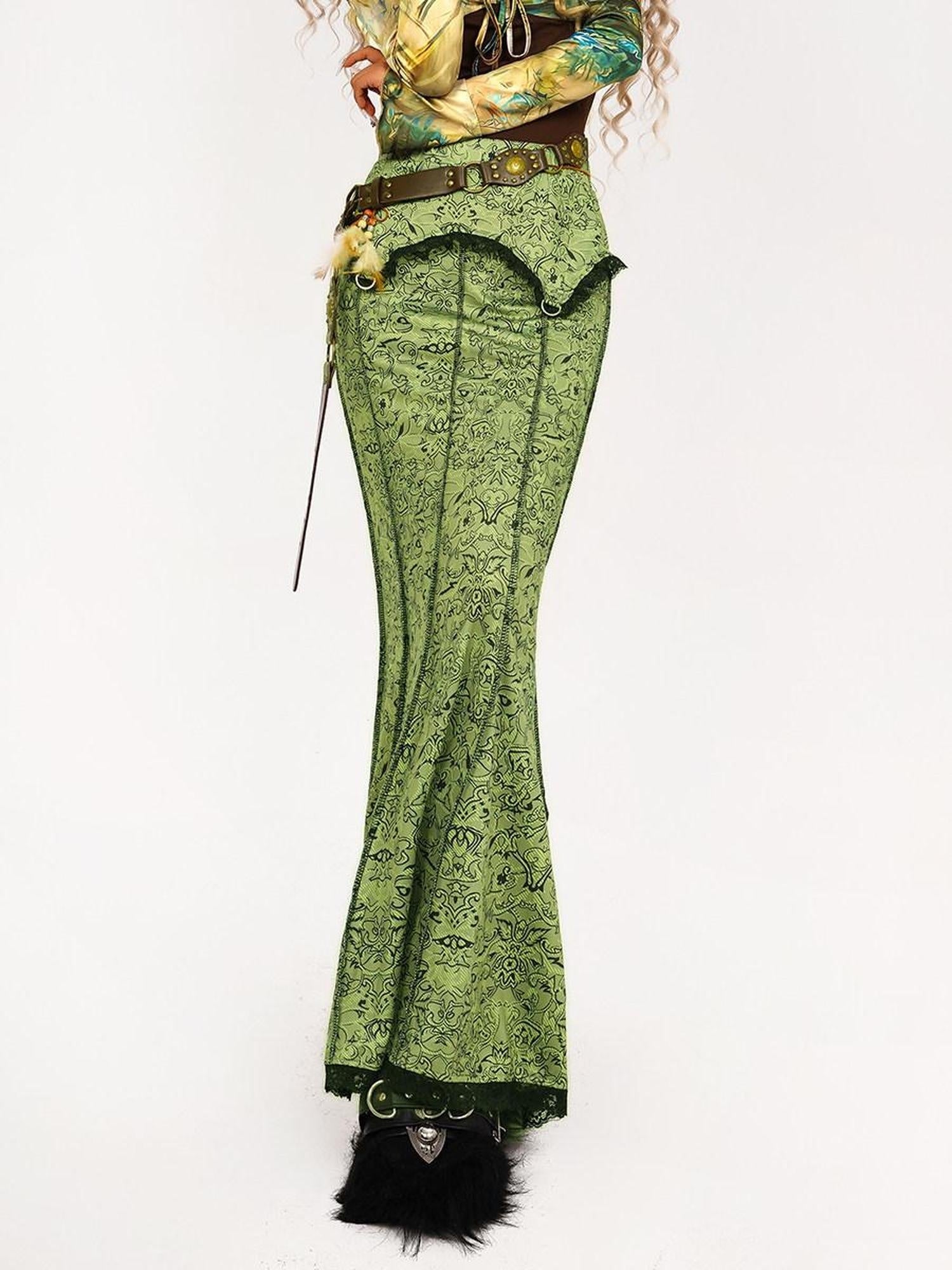 Nico Molly High Waist Retro Lace Patchwork Slim Fit Young Women Casual Green Maxi Skirts