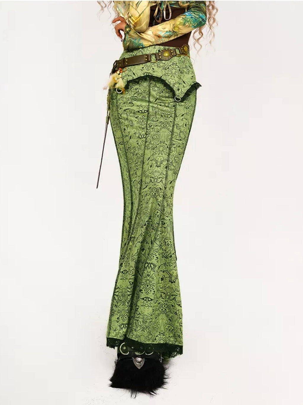 Nico Molly High Waist Retro Lace Patchwork Slim Fit Young Women Casual Green Maxi Skirts