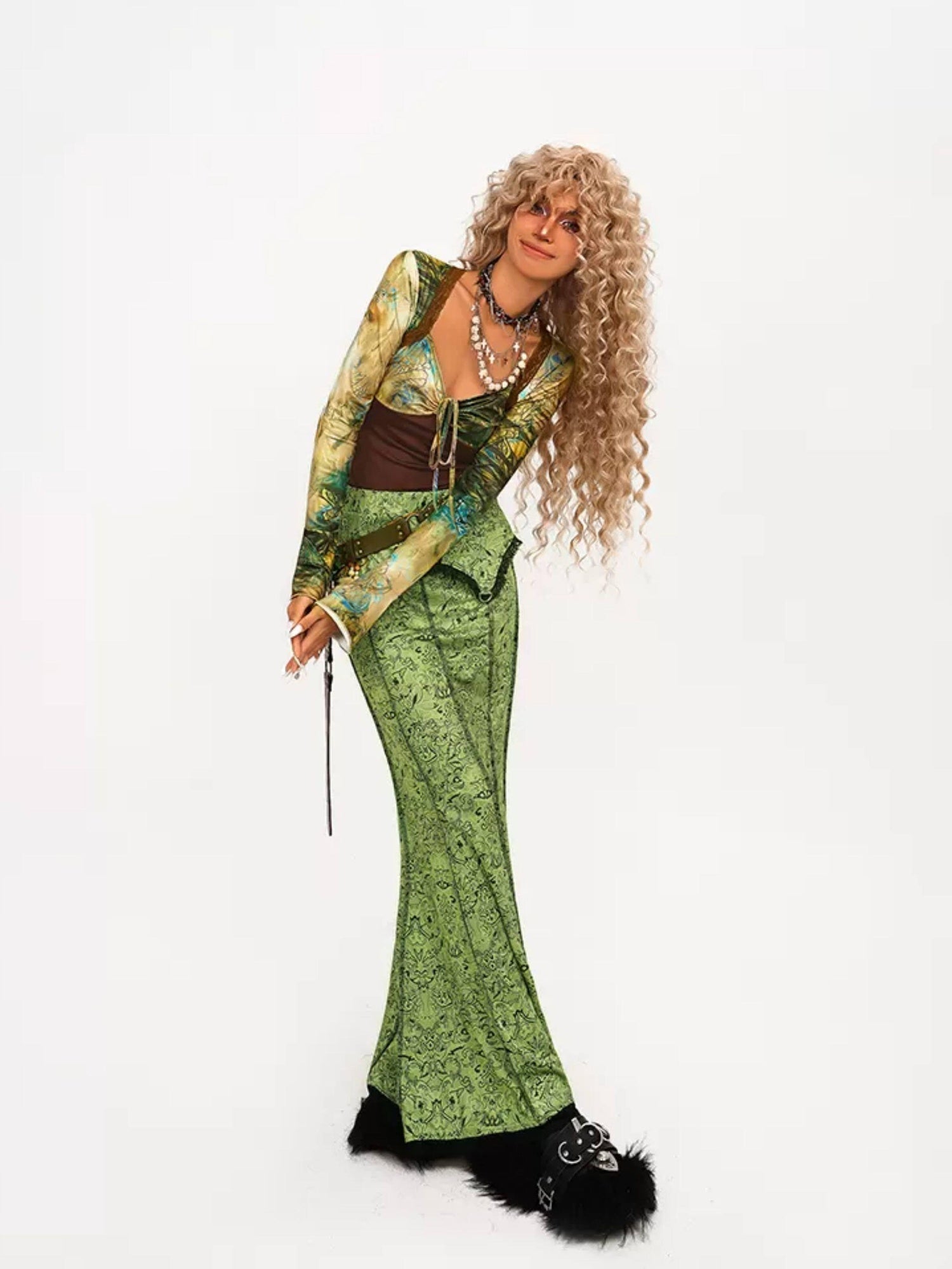 Nico Molly High Waist Retro Lace Patchwork Slim Fit Young Women Casual Green Maxi Skirts