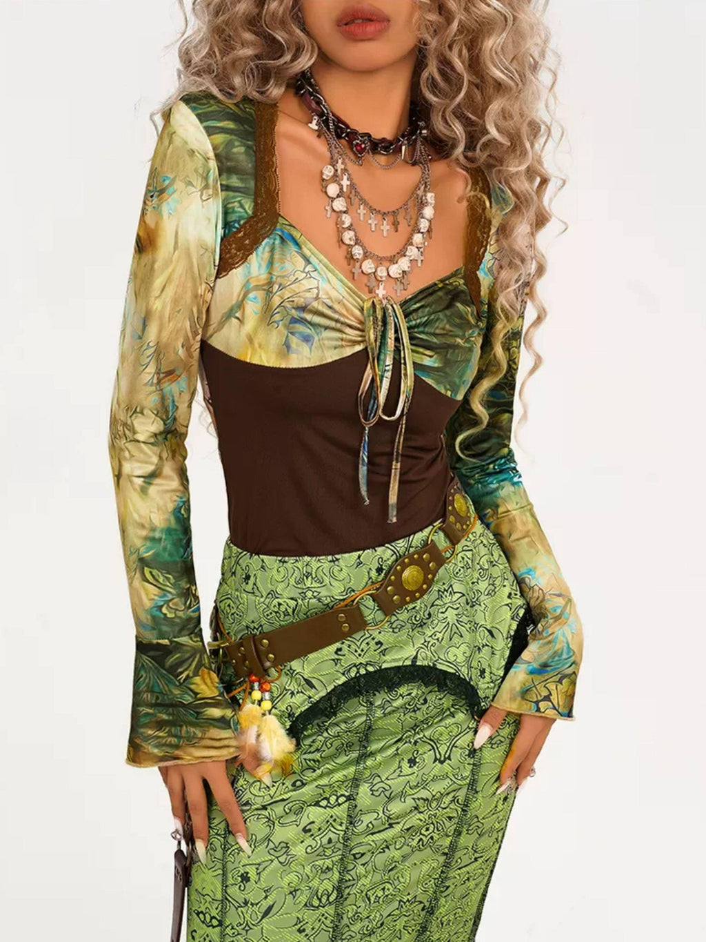 Nico Molly High Waist Retro Lace Patchwork Slim Fit Young Women Casual Green Maxi Skirts