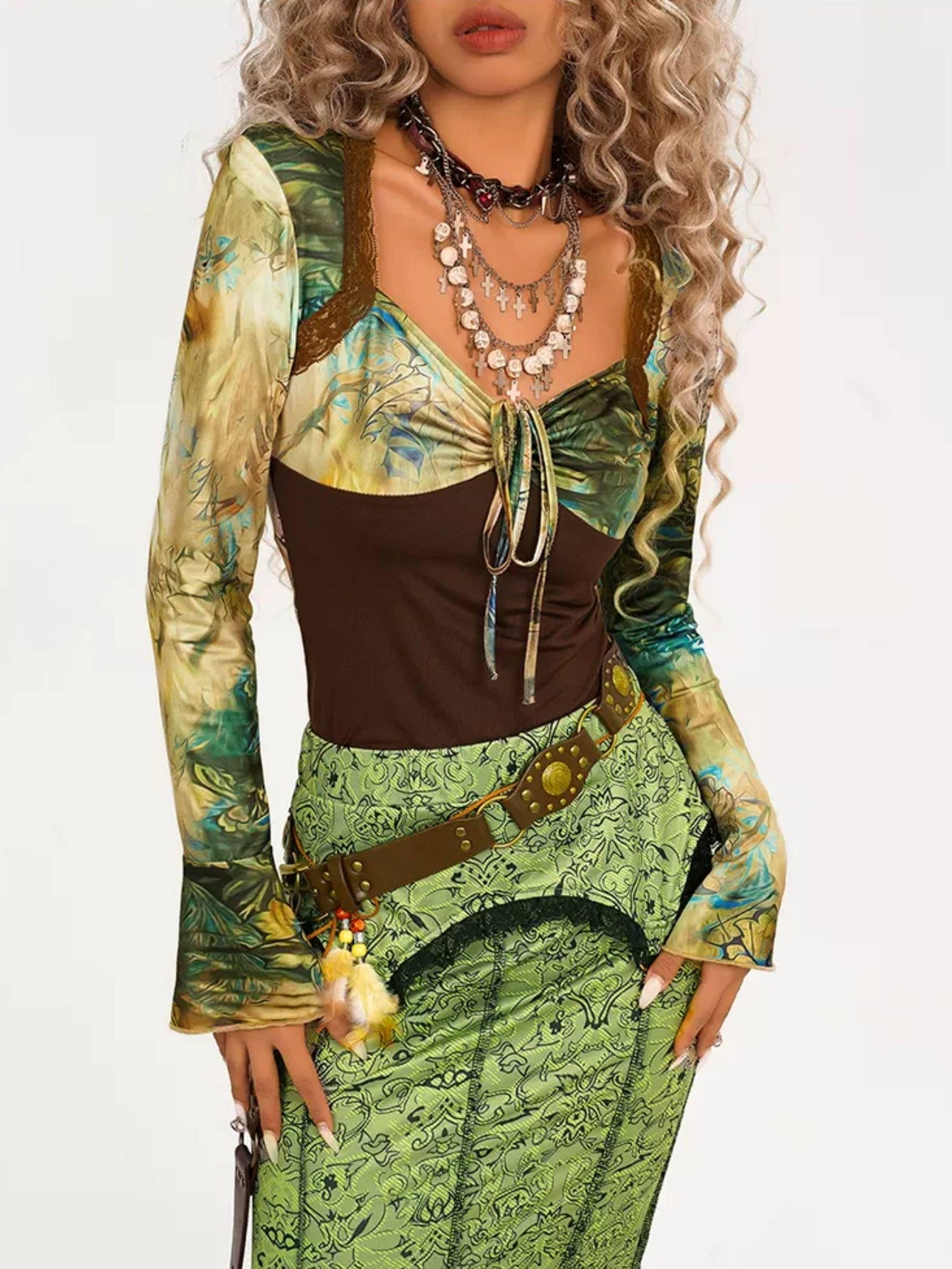 Nico Molly High Waist Retro Lace Patchwork Slim Fit Young Women Casual Green Maxi Skirts