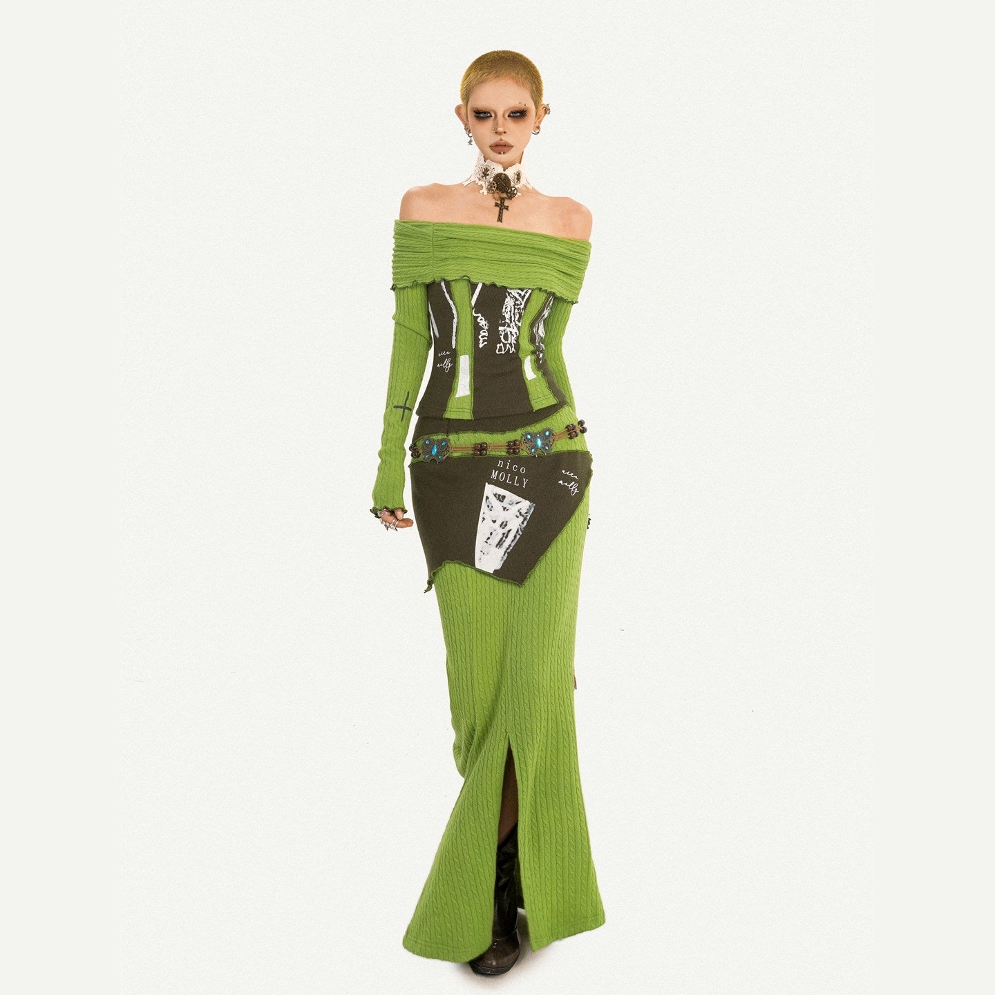 Nico_Molly_High_Waist_Slim_Fit_Off_Shoulder_Letter_Print_Green_Top_&_Skirt_Sets_MISSTT