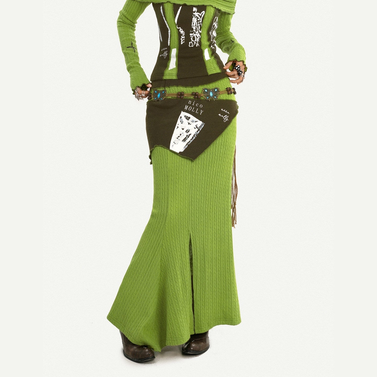 Nico_Molly_High_Waist_Slim_Fit_Off_Shoulder_Letter_Print_Green_Top_&_Skirt_Sets_MISSTT