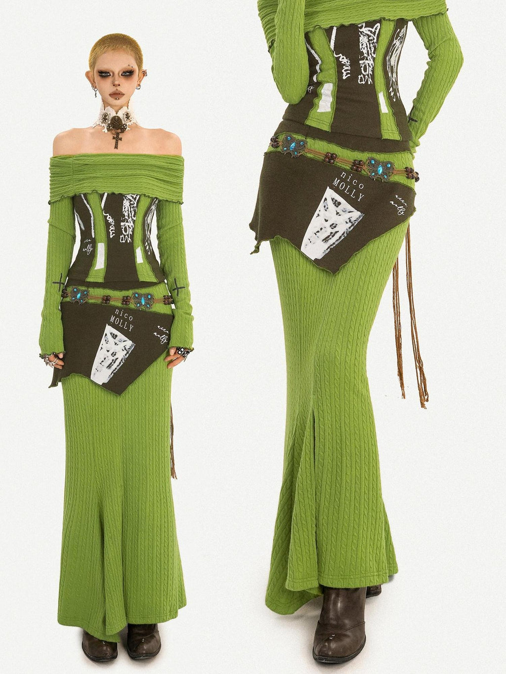 Nico Molly High Waist Slim Fit Off Shoulder Letter Print Green Top & Skirt Sets