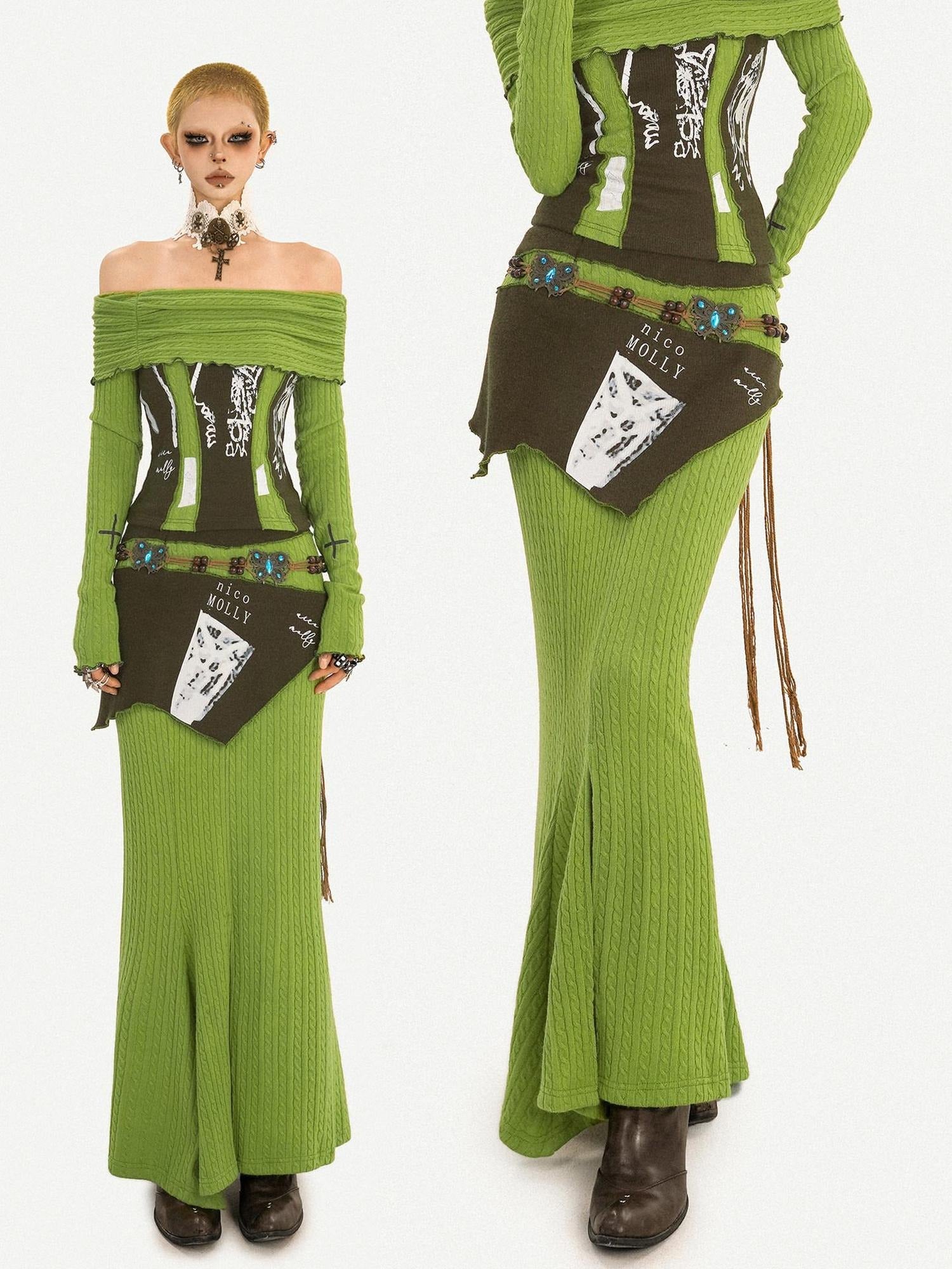 Nico Molly High Waist Slim Fit Off Shoulder Letter Print Green Top & Skirt Sets