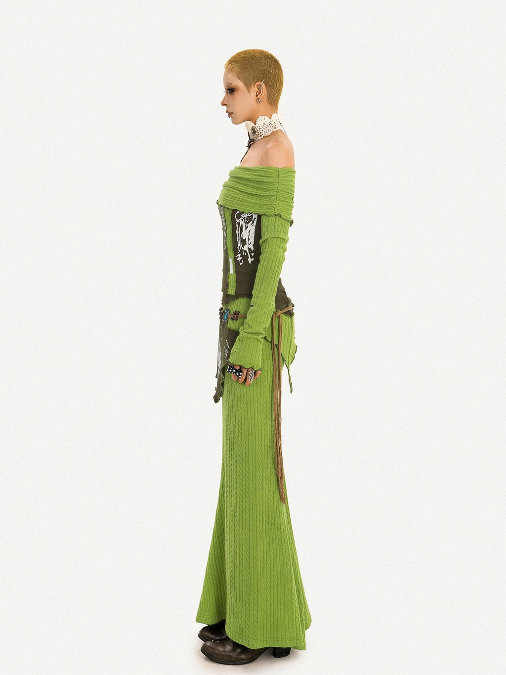 Nico Molly High Waist Slim Fit Off Shoulder Letter Print Green Top & Skirt Sets