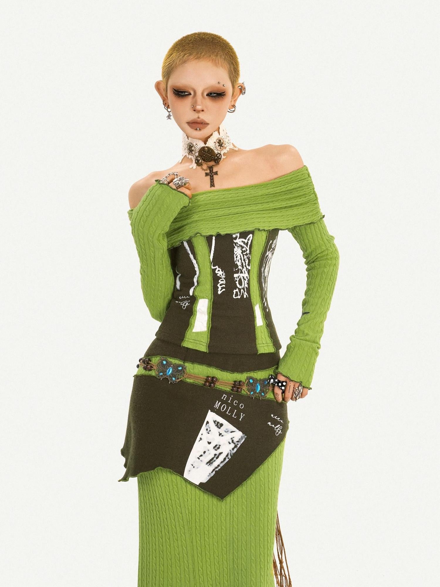Nico Molly High Waist Slim Fit Off Shoulder Letter Print Green Top & Skirt Sets
