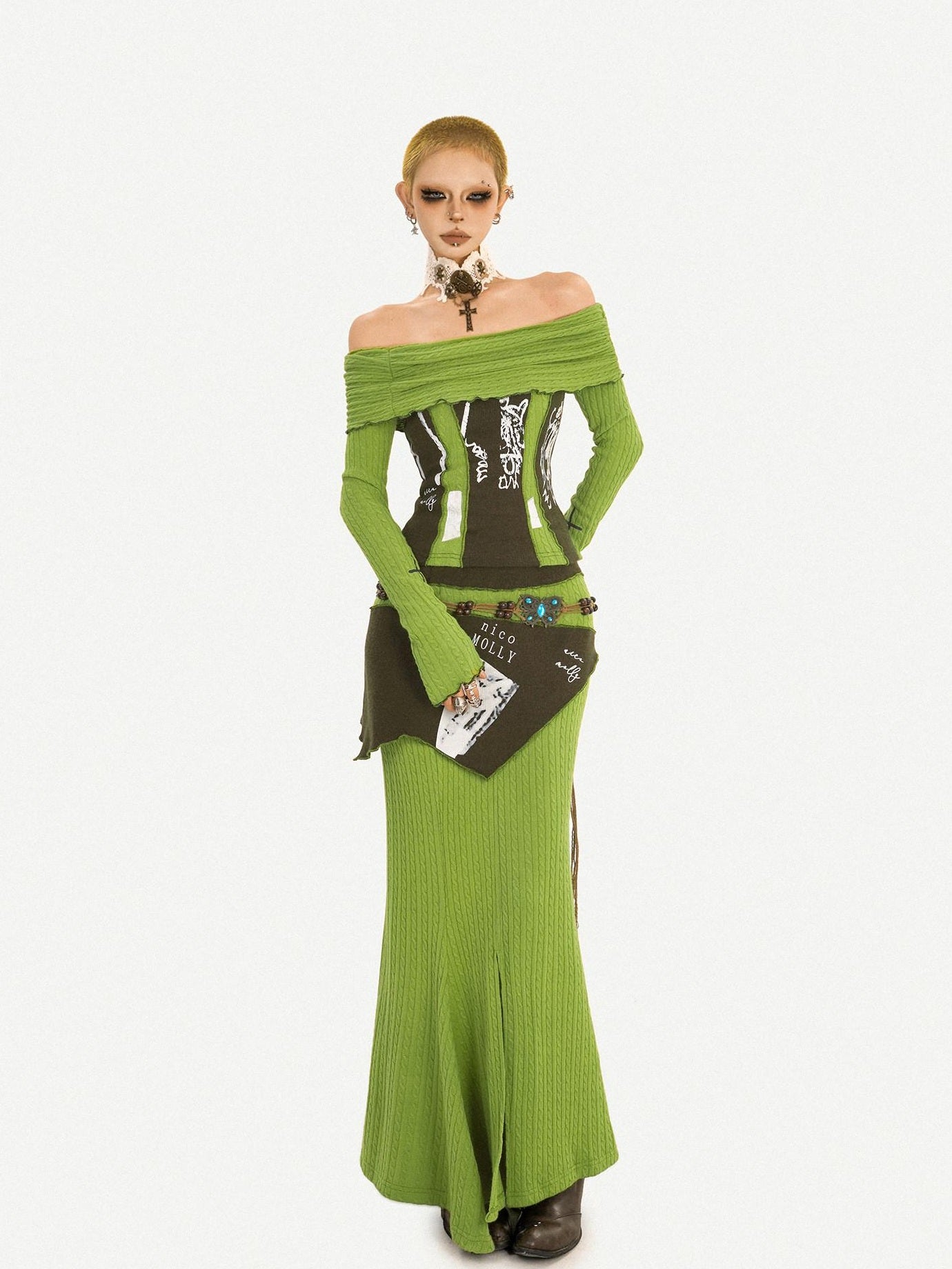 Nico Molly High Waist Slim Fit Off Shoulder Letter Print Green Top & Skirt Sets