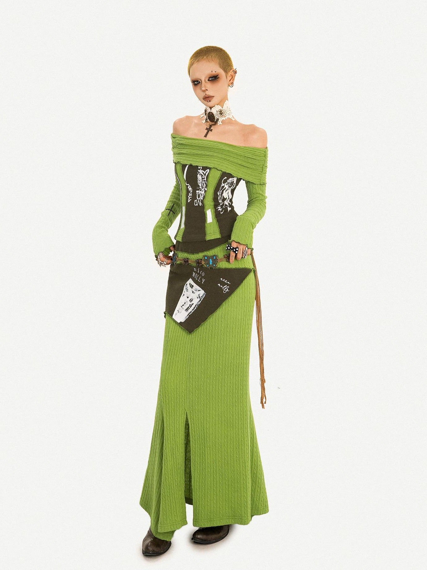 Nico Molly High Waist Slim Fit Off Shoulder Letter Print Green Top & Skirt Sets