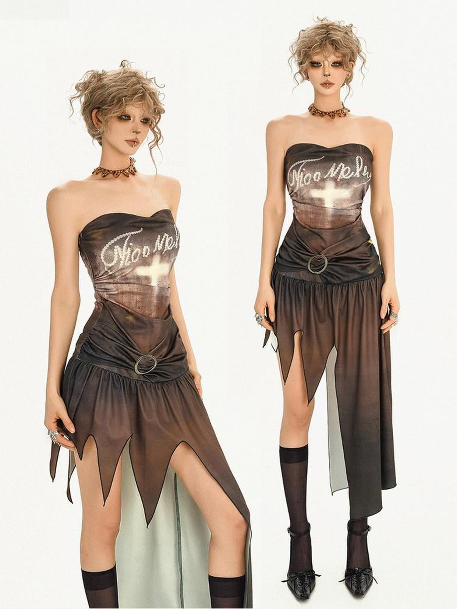 Nico Molly High Waist Strapless Fitted Graffiti Print Ins Style Dark Brown Midi Dresses