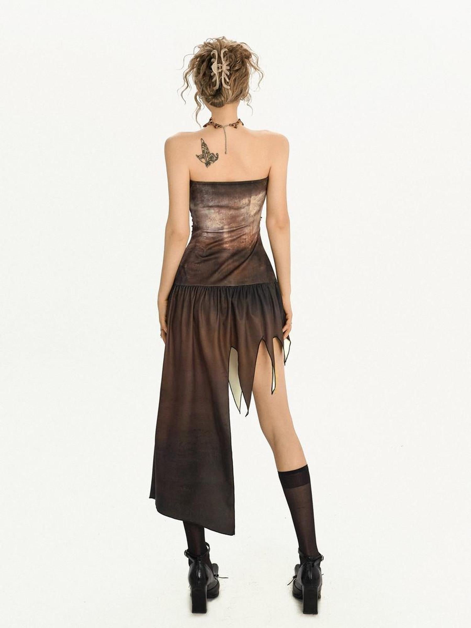 Nico Molly High Waist Strapless Fitted Graffiti Print Ins Style Dark Brown Midi Dresses