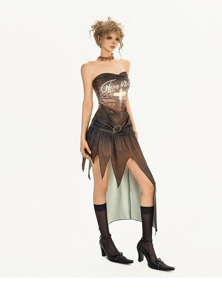 Nico Molly High Waist Strapless Fitted Graffiti Print Ins Style Dark Brown Midi Dresses