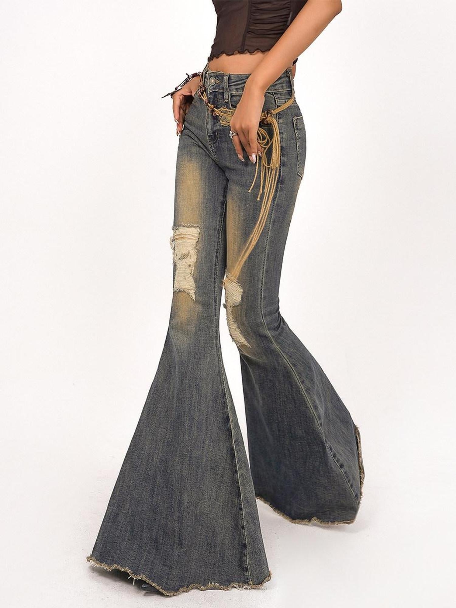Nico Molly High Waist Vintage Distressed Slim Cotton Stretch Women Flared Jeans