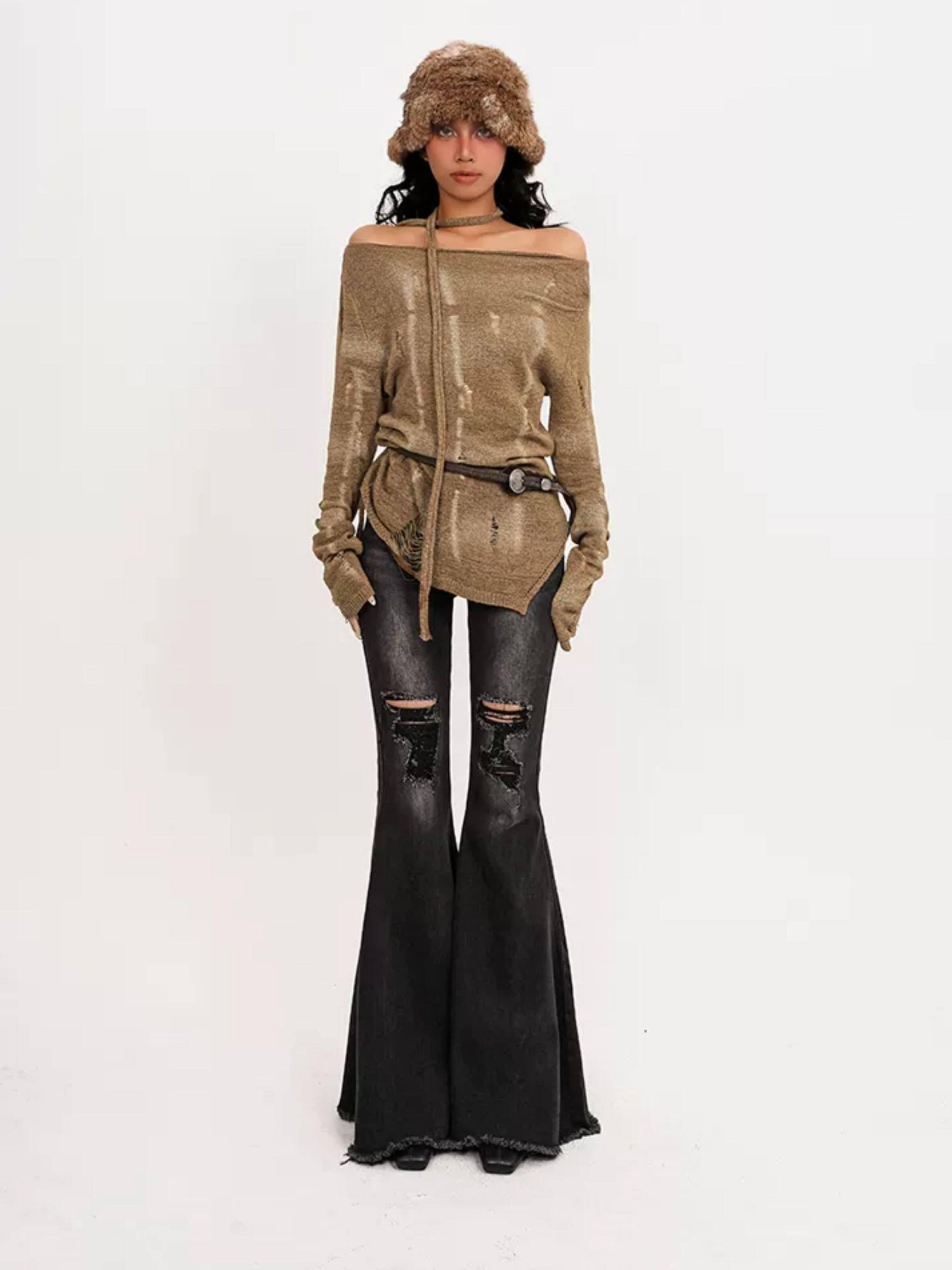 Nico Molly High Waist Vintage Distressed Slim Cotton Stretch Women Flared Jeans