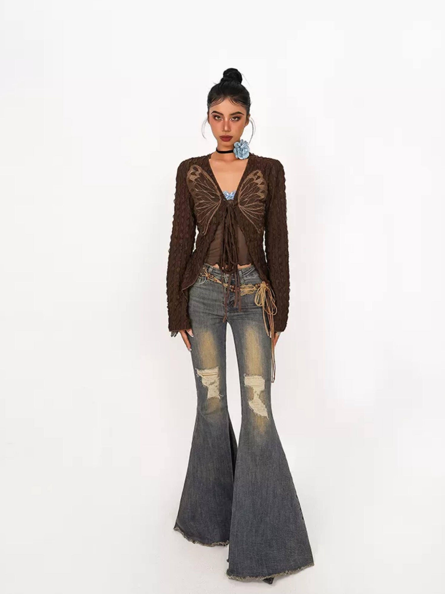 Nico Molly High Waist Vintage Distressed Slim Cotton Stretch Women Flared Jeans