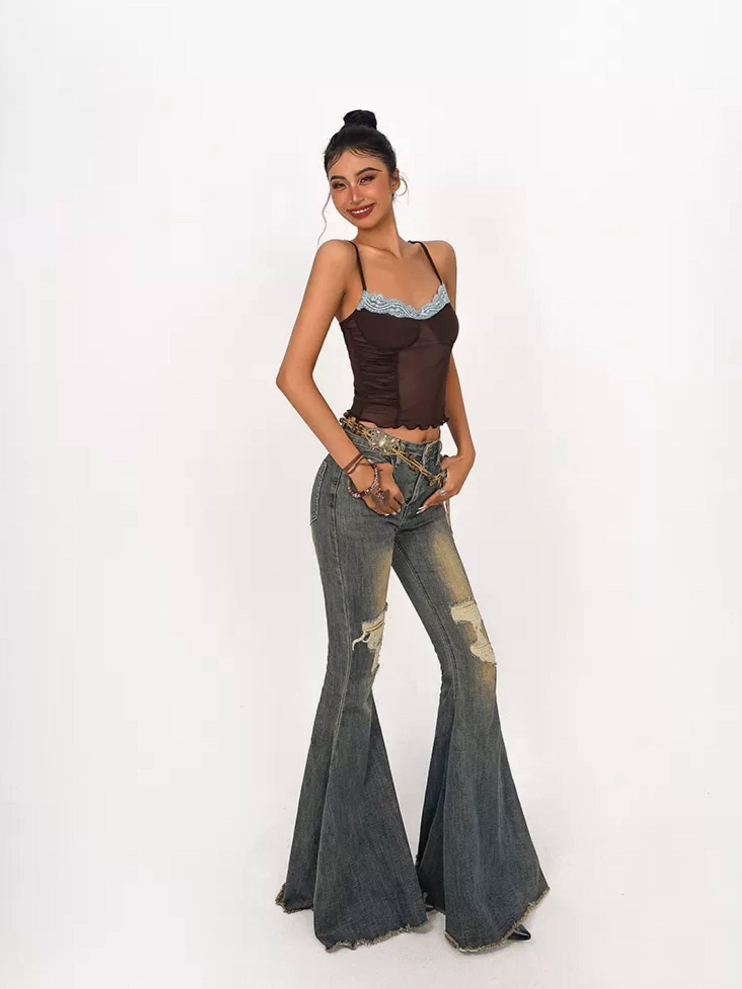 Nico Molly High Waist Vintage Distressed Slim Cotton Stretch Women Flared Jeans