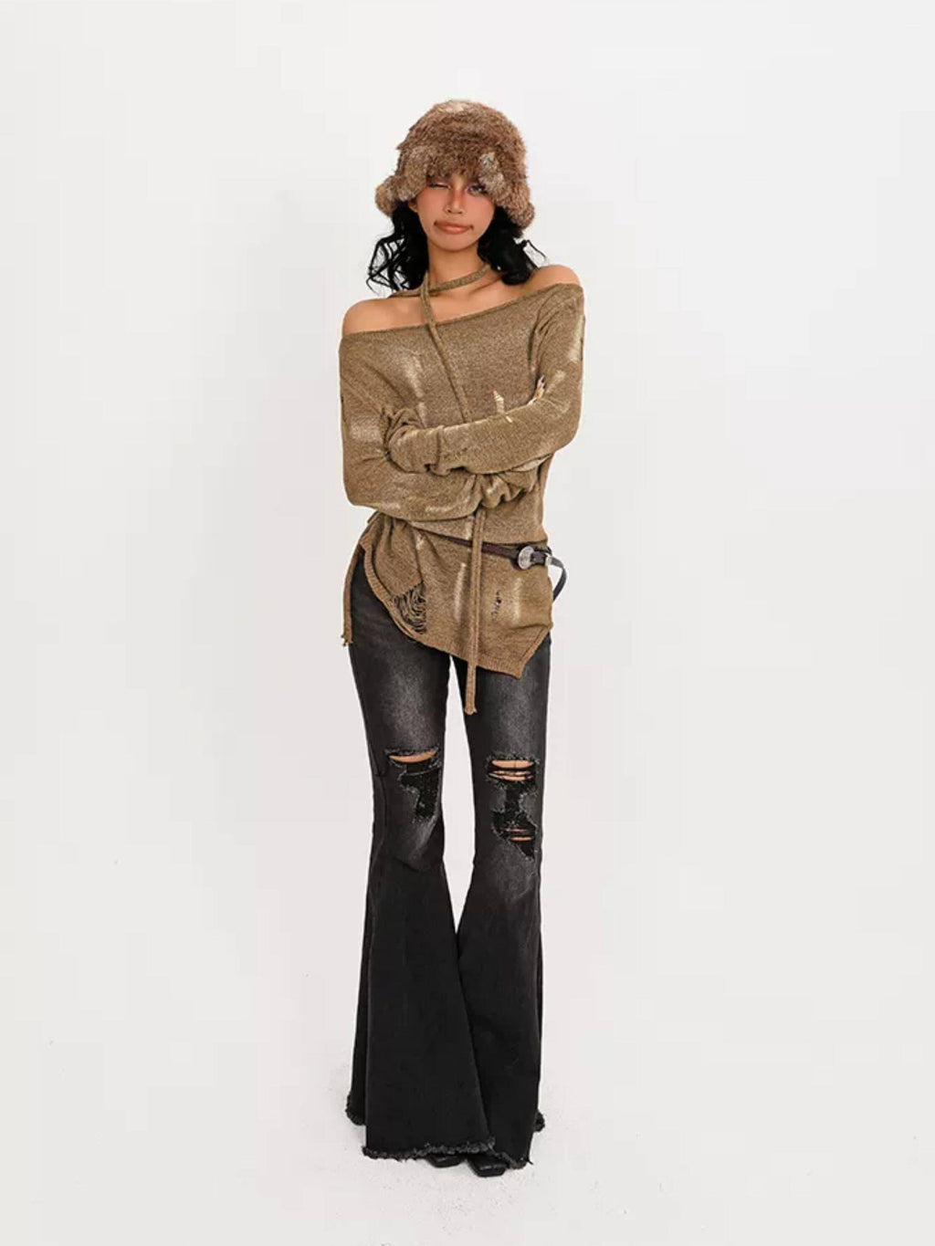 Nico Molly High Waist Vintage Distressed Slim Cotton Stretch Women Flared Jeans