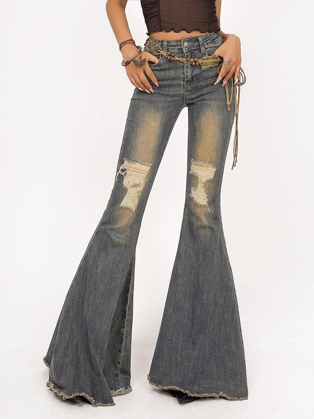 Nico Molly High Waist Vintage Distressed Slim Cotton Stretch Women Flared Jeans