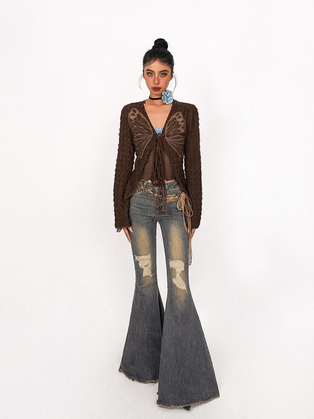 Nico Molly High Waist Vintage Distressed Slim Cotton Stretch Women Flared Jeans