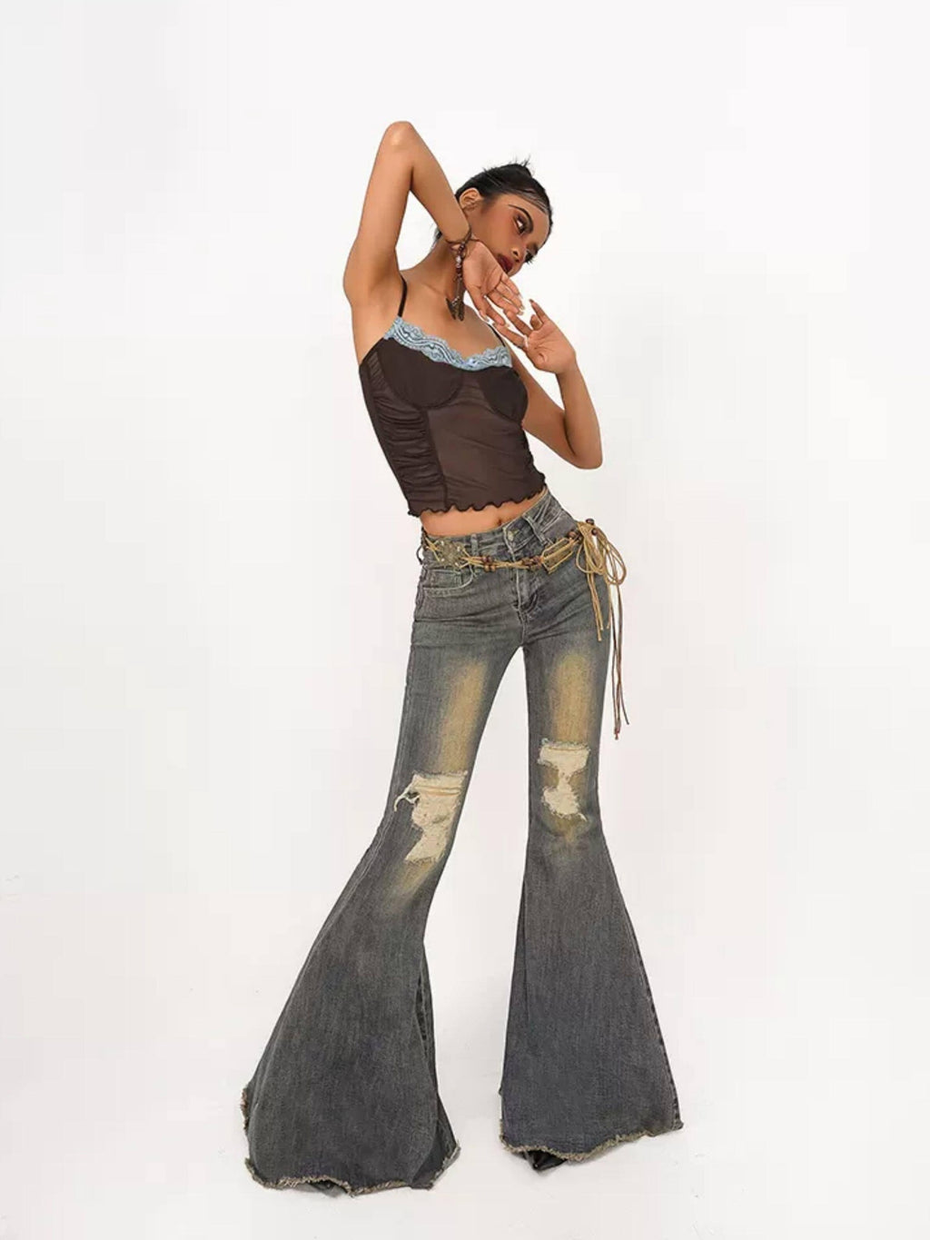 Nico Molly High Waist Vintage Distressed Slim Cotton Stretch Women Flared Jeans
