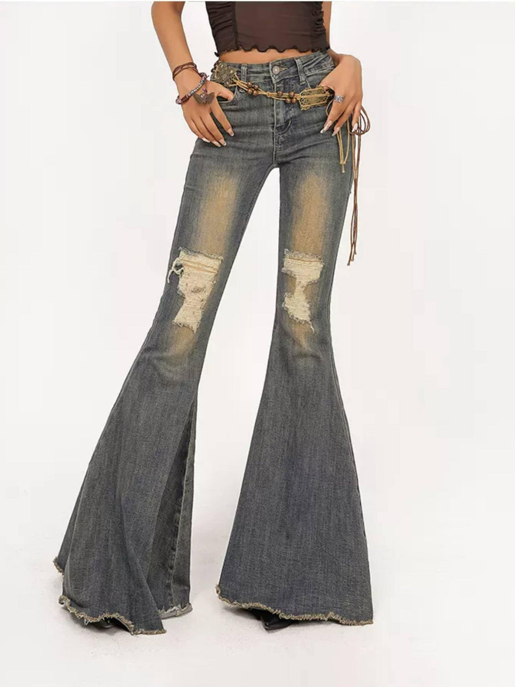 Nico Molly High Waist Vintage Distressed Slim Cotton Stretch Women Flared Jeans