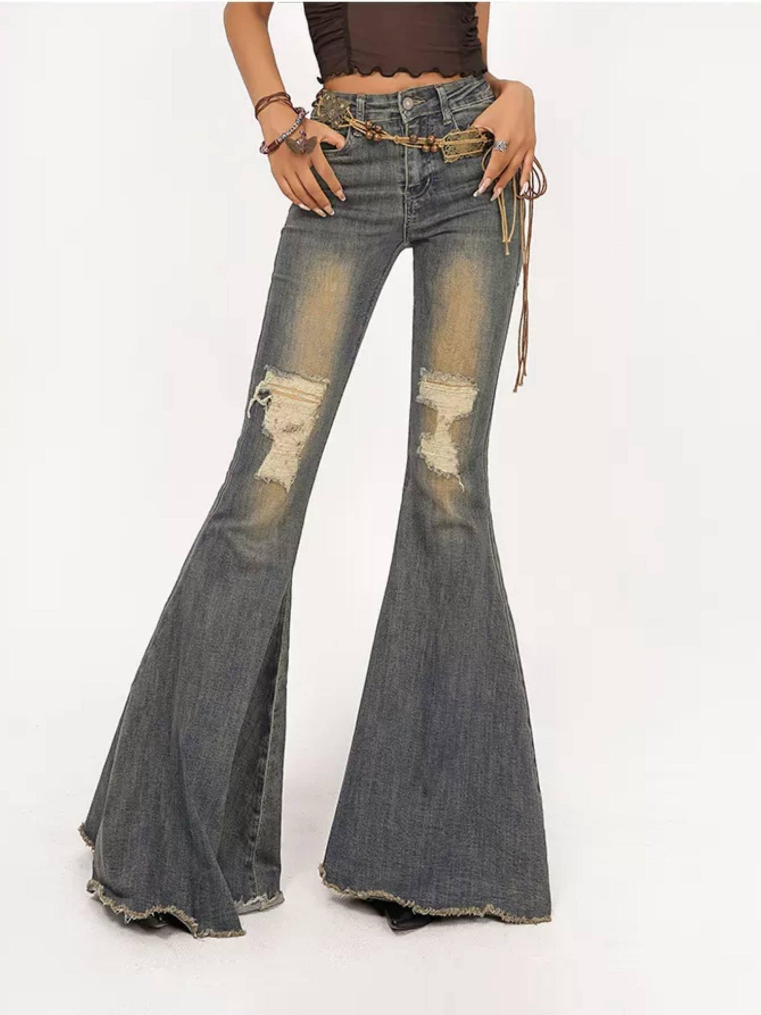 Nico Molly High Waist Vintage Distressed Slim Cotton Stretch Women Flared Jeans