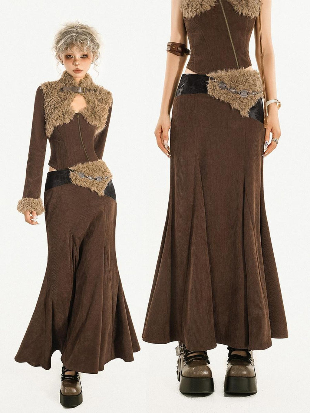 Nico Molly High Waist Wool Fishtail Streetwear Euro Young Women Brown Midi Skirts