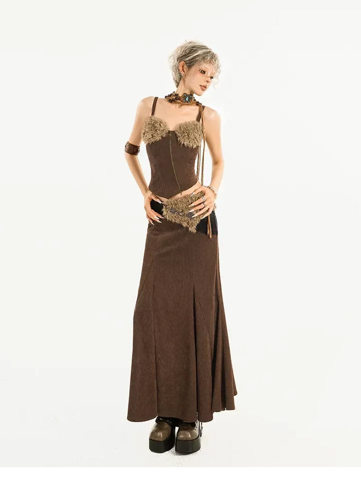 Nico Molly High Waist Wool Fishtail Streetwear Euro Young Women Brown Midi Skirts