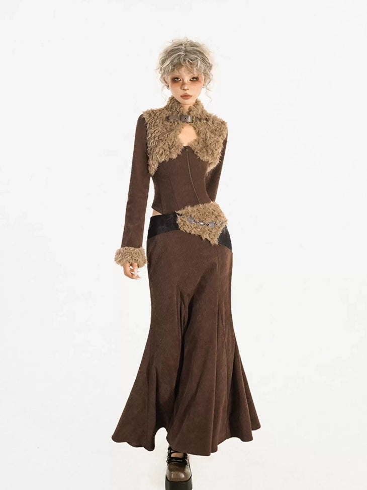 Nico Molly High Waist Wool Fishtail Streetwear Euro Young Women Brown Midi Skirts