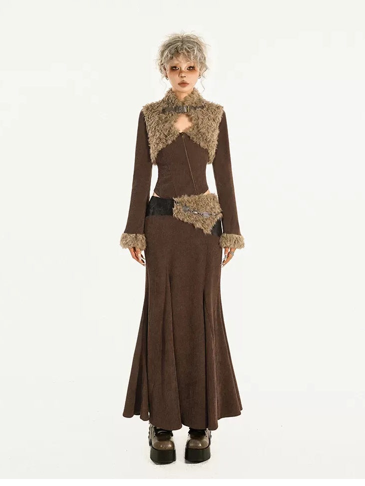 Nico Molly High Waist Wool Fishtail Streetwear Euro Young Women Brown Midi Skirts