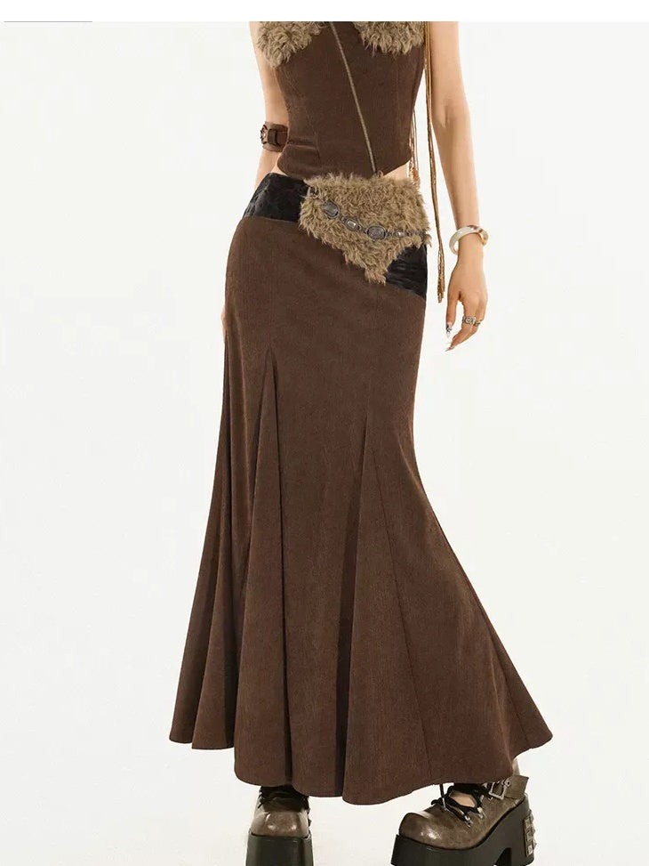 Nico Molly High Waist Wool Fishtail Streetwear Euro Young Women Brown Midi Skirts