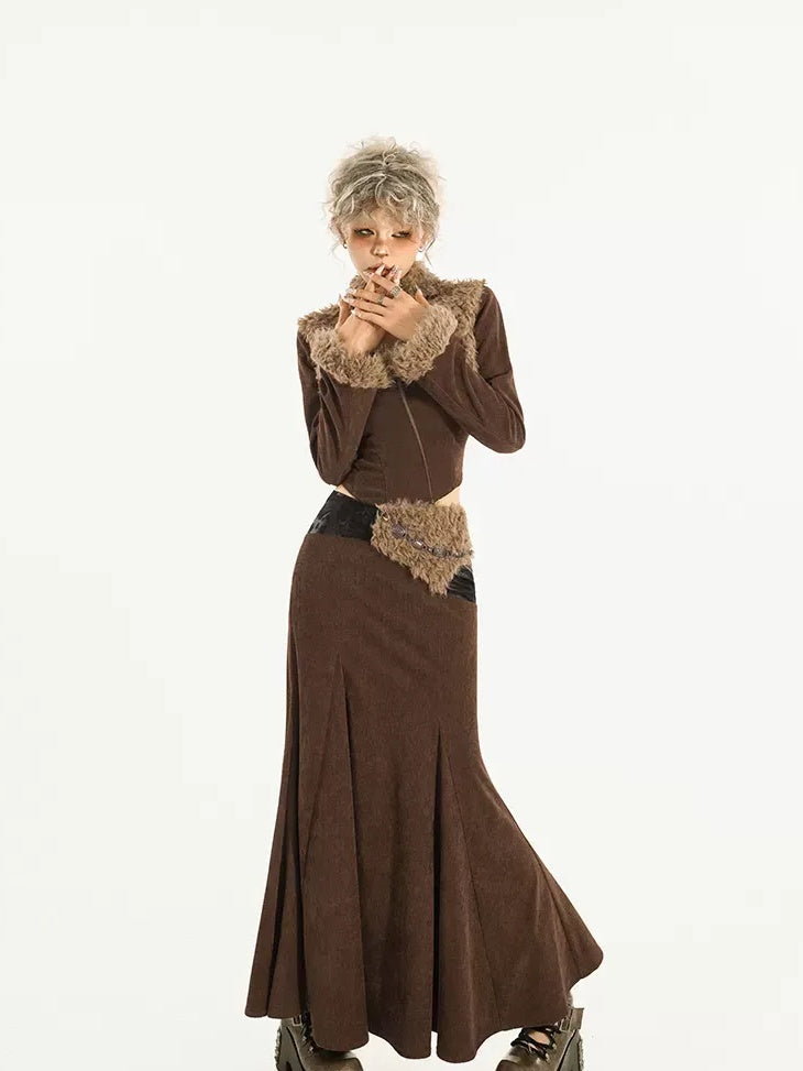 Nico Molly High Waist Wool Fishtail Streetwear Euro Young Women Brown Midi Skirts