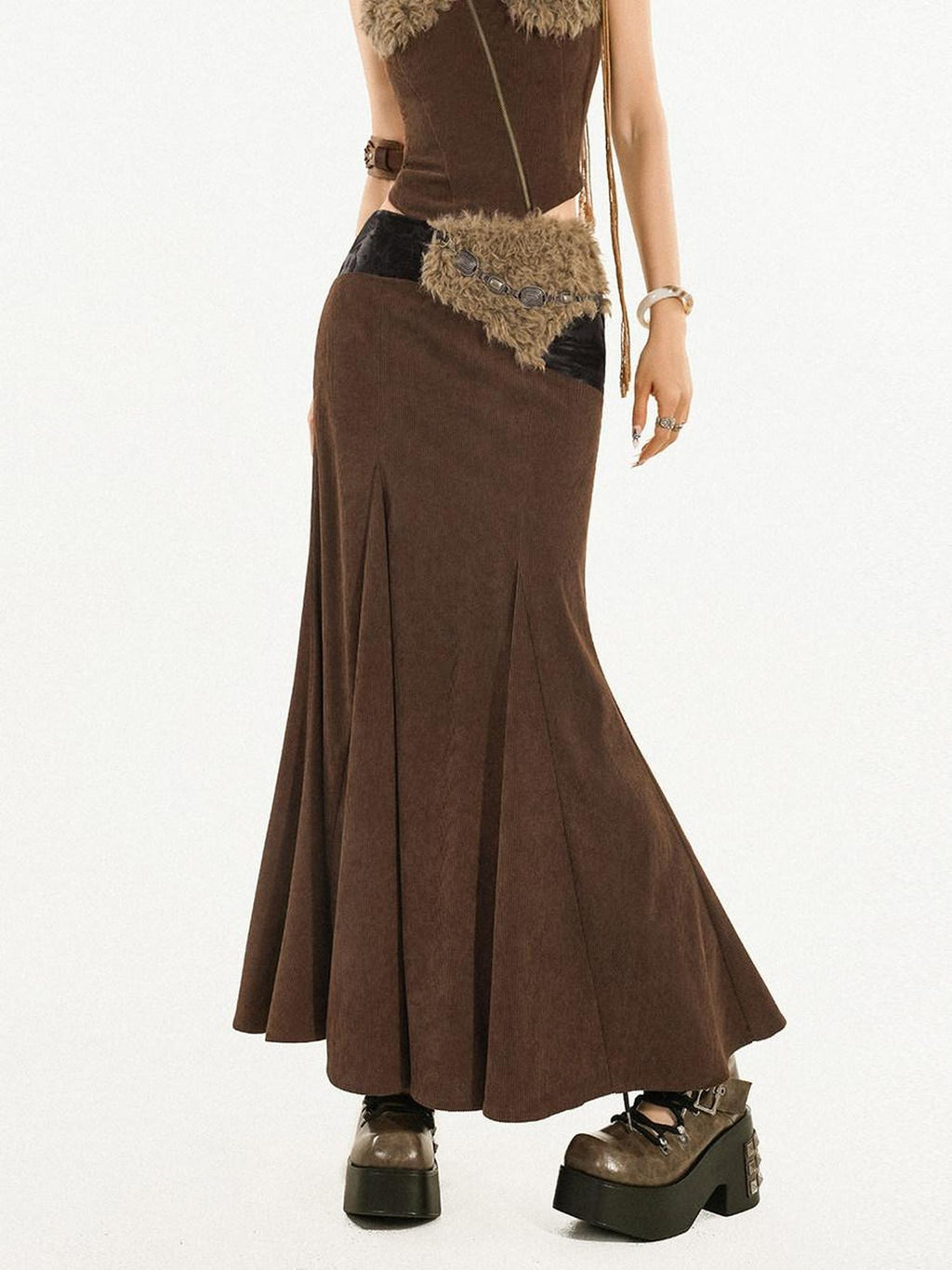 Nico Molly High Waist Wool Fishtail Streetwear Euro Young Women Brown Midi Skirts