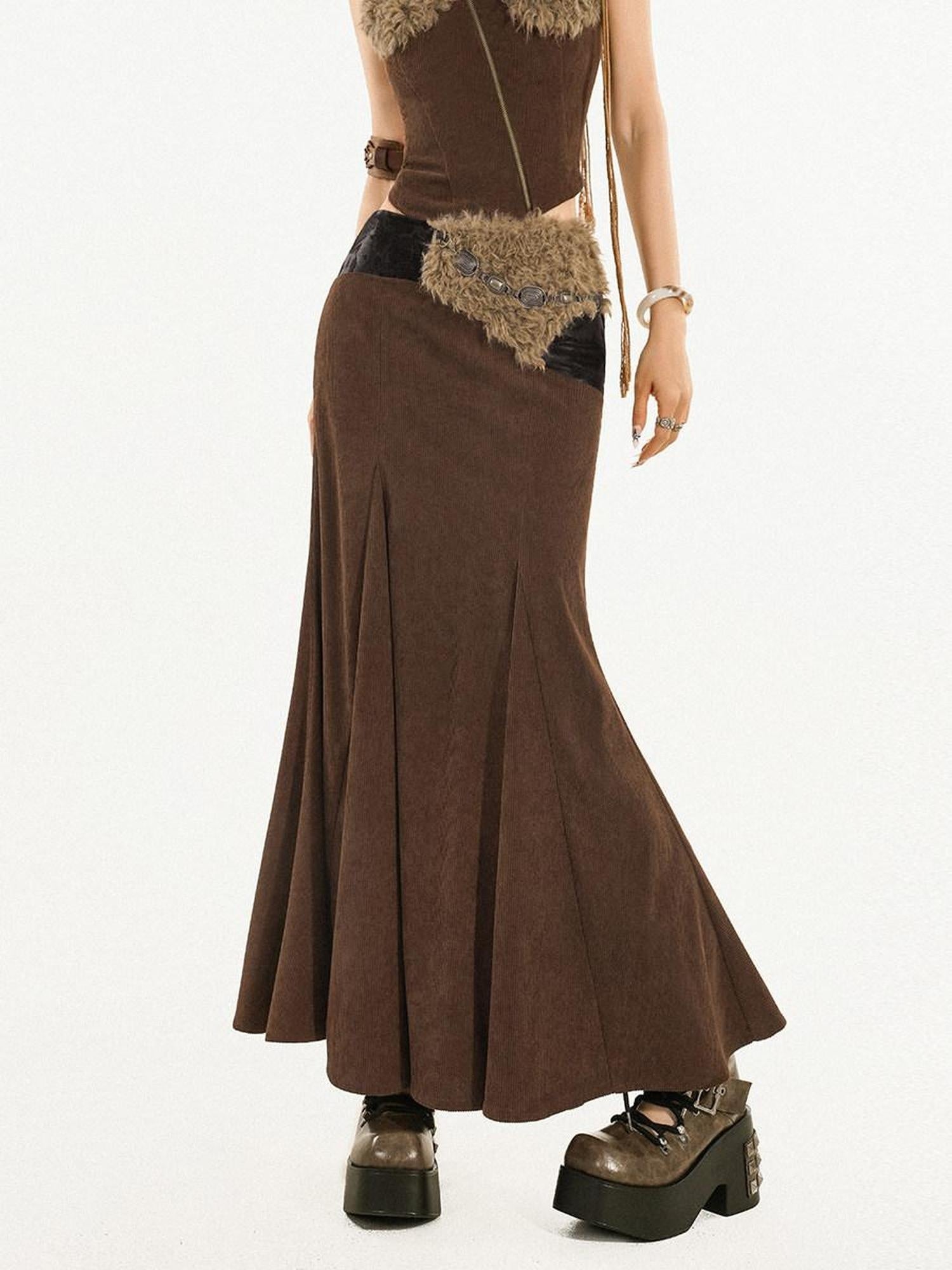 Nico Molly High Waist Wool Fishtail Streetwear Euro Young Women Brown Midi Skirts